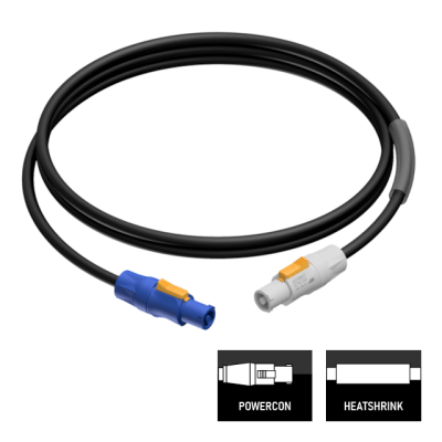 Cable rubber powercon blue/white, 3*1.5mm2, 3m with clear heatshrink for identification