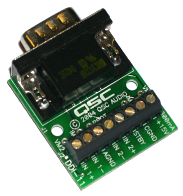 DDI-11 DataPort accessory card, converts an HD15 connector on DataPort amplifiers to a terminal block style connector.  Same as DDI-3, except DataPort connector is right angle mounted. Provides access to the amplifier's 15Vdc output, standby control