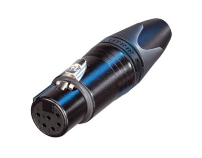 6 pole female cable connector with black metal housing and gold contacts,